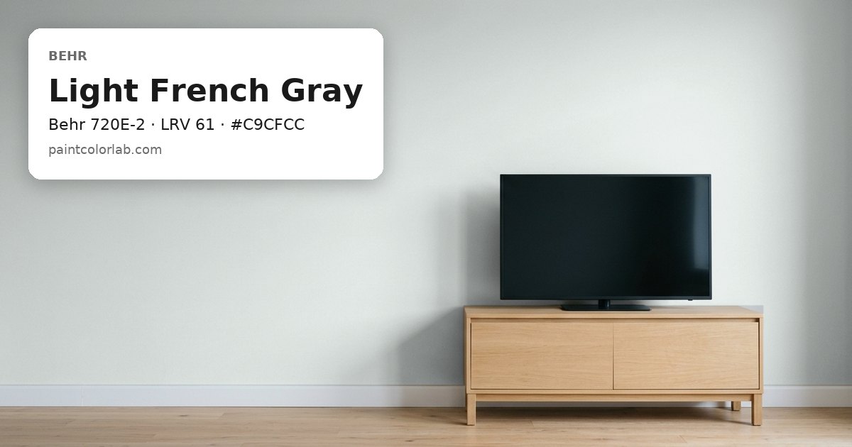 Living room with the wall painted Behr Light French Gray (Behr 720E-2), hex #C9CFCC, LRV 61