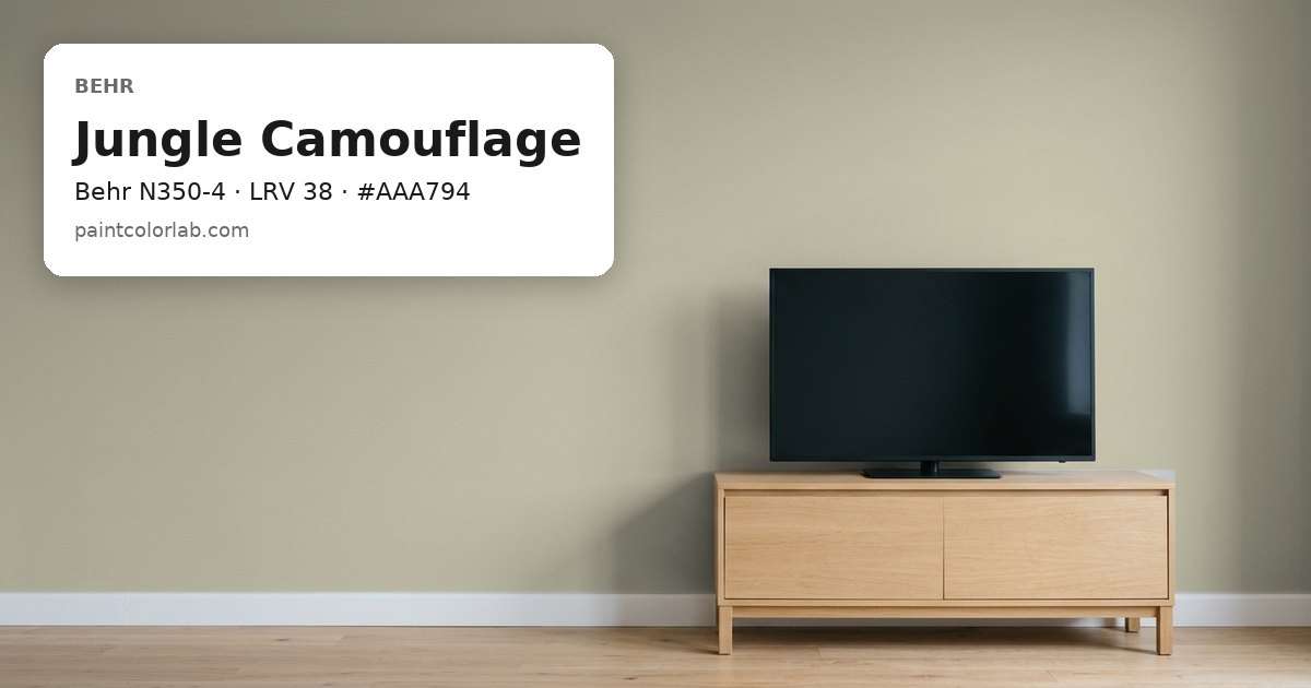 Living room with the wall painted Behr Jungle Camouflage (Behr N350-4), hex #AAA794, LRV 38