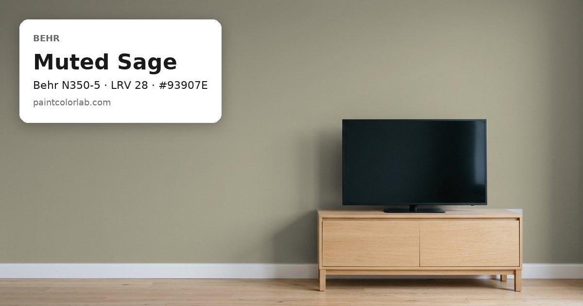 Living room with the wall painted Behr Muted Sage (Behr N350-5), hex #93907E, LRV 28