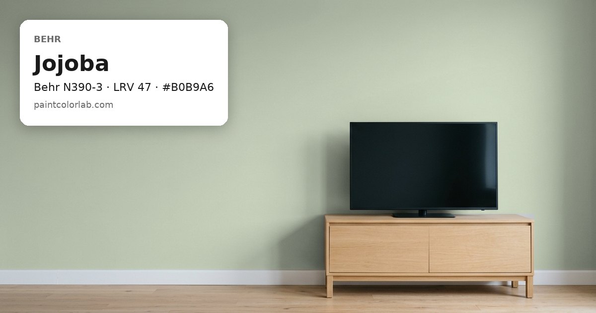 Living room with the wall painted Behr Jojoba (Behr N390-3), hex #B0B9A6, LRV 47