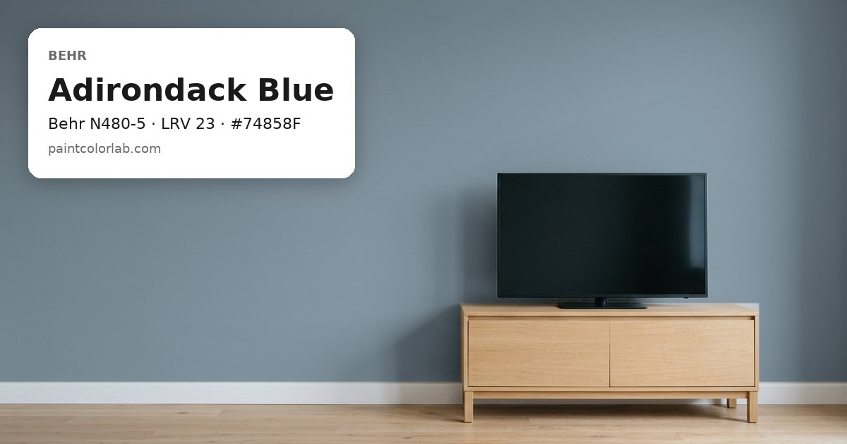 Living room with the wall painted Behr Adirondack Blue (Behr N480-5), hex #74858F, LRV 23