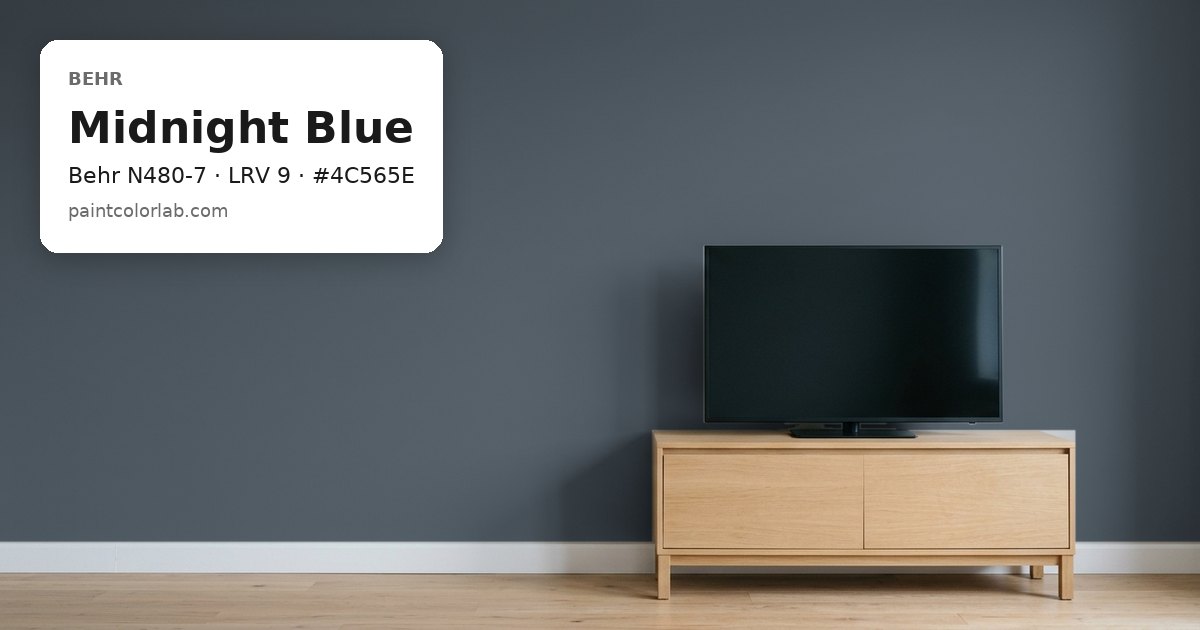 Living room with the wall painted Behr Midnight Blue (Behr N480-7), hex #4C565E, LRV 9