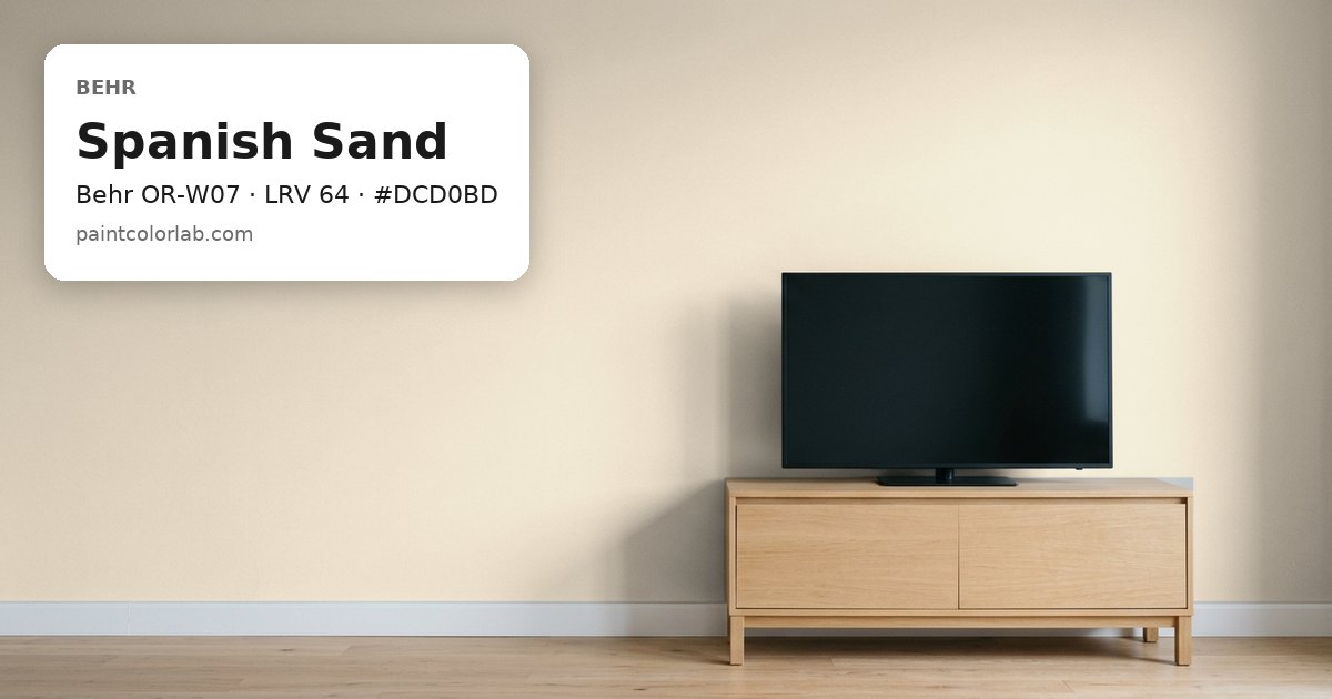 Living room with the wall painted Behr Spanish Sand (Behr OR-W07), hex #DCD0BD, LRV 64