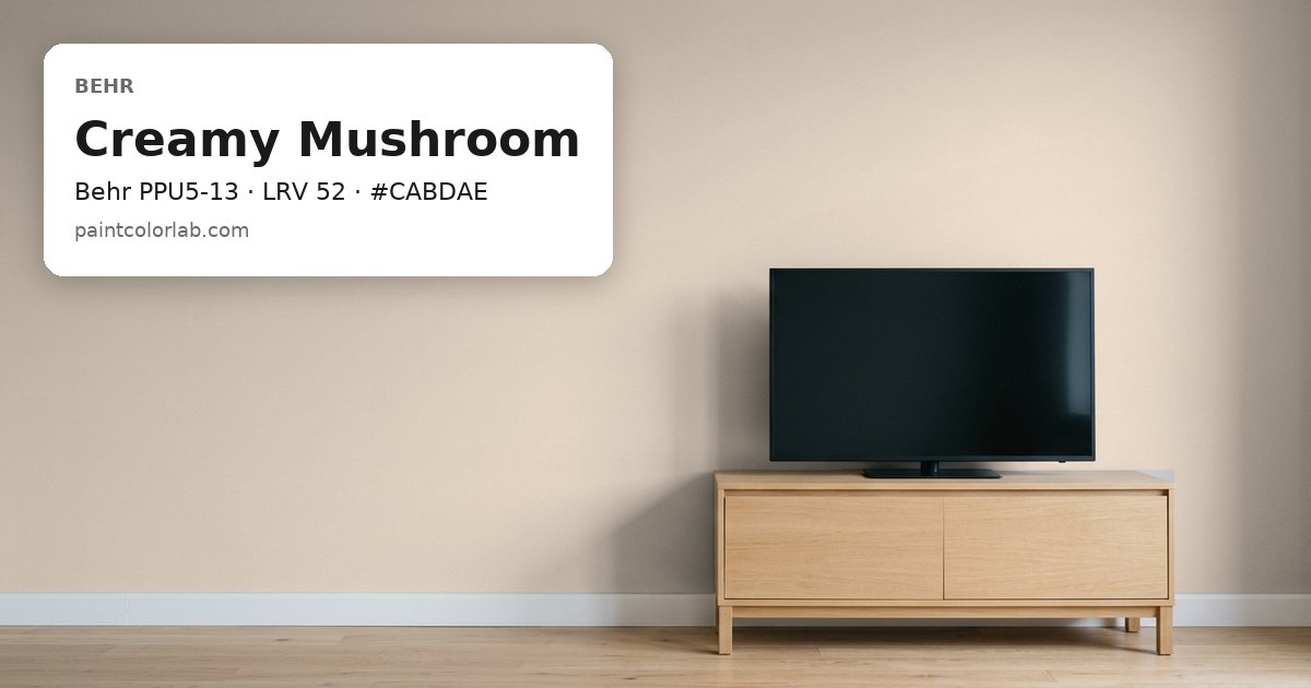 Living room with the wall painted Behr Creamy Mushroom (Behr PPU5-13), hex #CABDAE, LRV 52