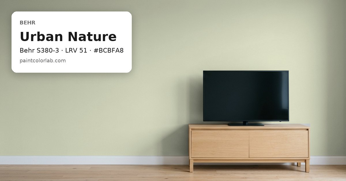 Living room with the wall painted Behr Urban Nature (Behr S380-3), hex #BCBFA8, LRV 51
