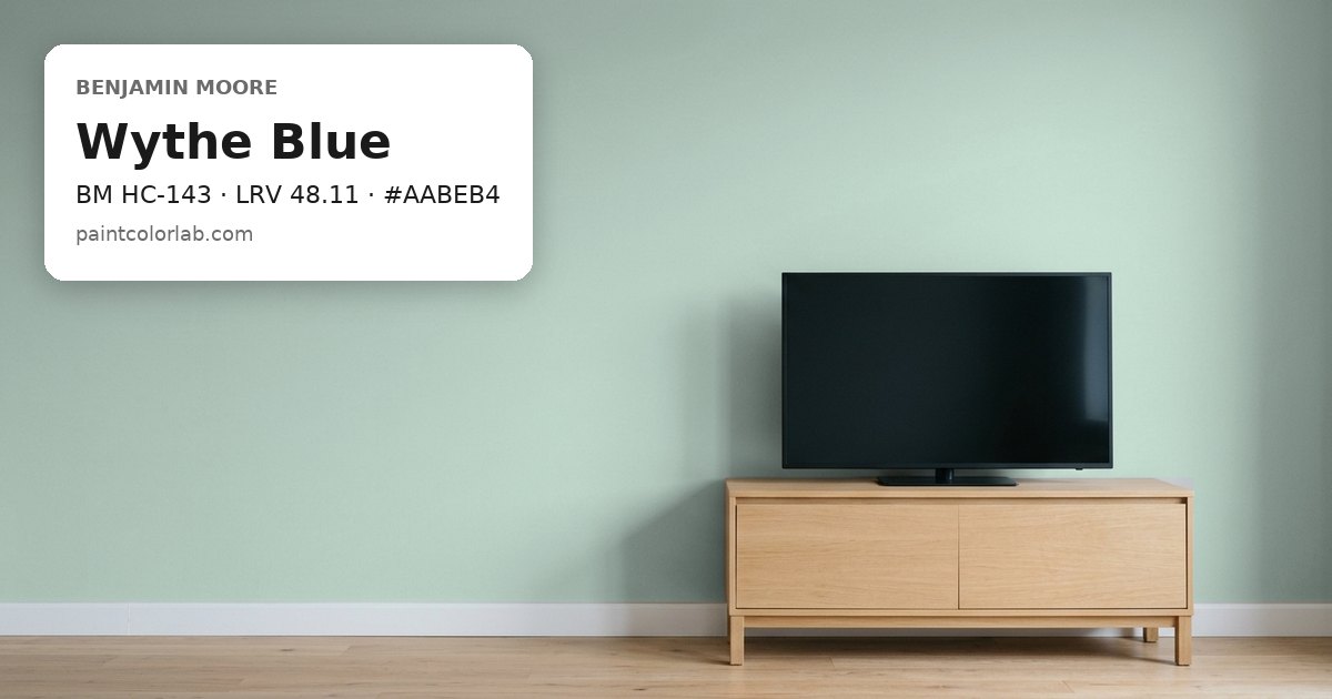 Living room with the wall painted Benjamin Moore Wythe Blue (BM HC-143), hex #AABEB4, LRV 48.11