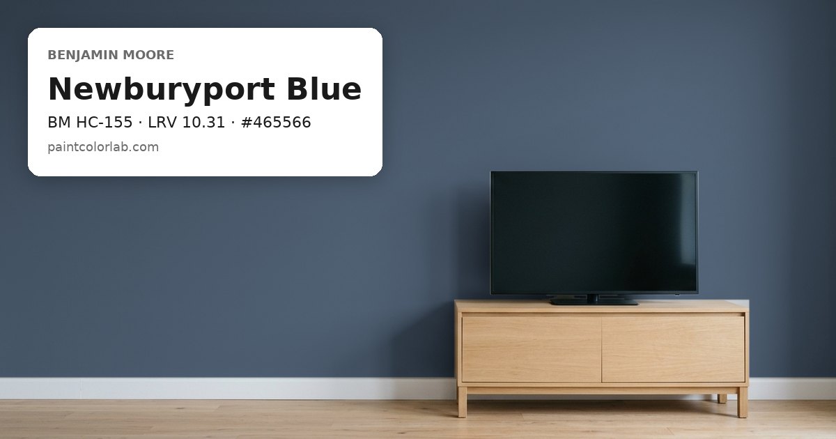 Living room with the wall painted Benjamin Moore Newburyport Blue (BM HC-155), hex #465566, LRV 10.31