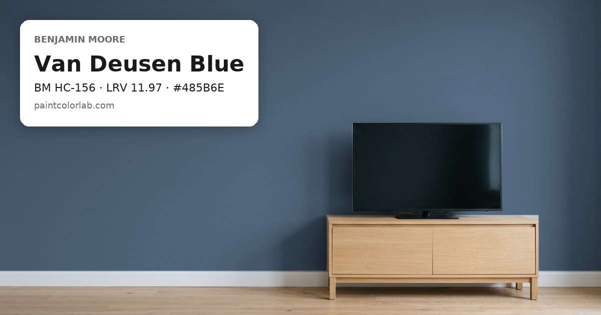 Living room with the wall painted Benjamin Moore Van Deusen Blue (BM HC-156), hex #485B6E, LRV 11.97