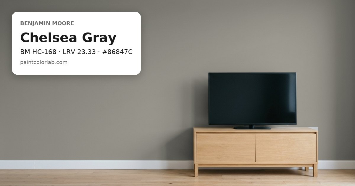 Living room with the wall painted Benjamin Moore Chelsea Gray (BM HC-168), hex #86847C, LRV 23.33