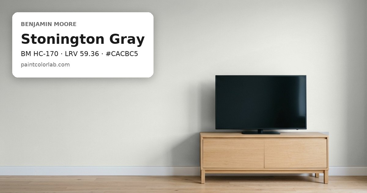 Living room with the wall painted Benjamin Moore Stonington Gray (BM HC-170), hex #CACBC5, LRV 59.36