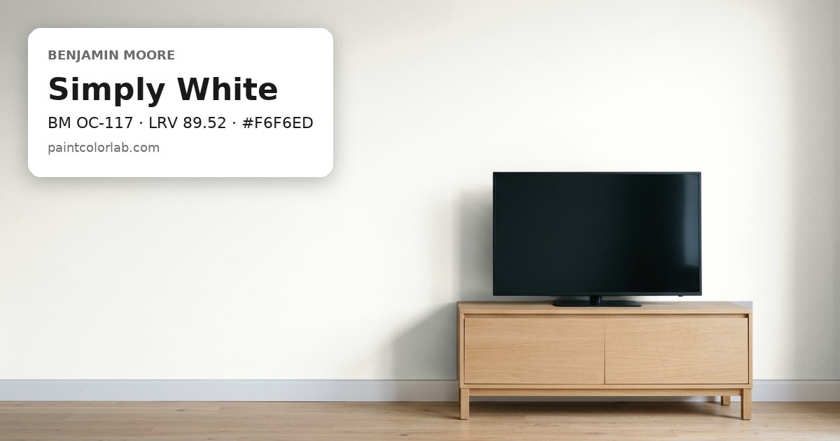 Living room with the wall painted Benjamin Moore Simply White (BM OC-117), hex #F6F6ED, LRV 89.52
