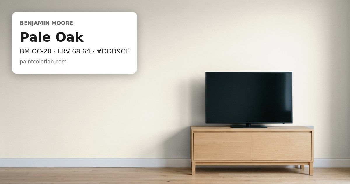 Living room with the wall painted Benjamin Moore Pale Oak (BM OC-20), hex #DDD9CE, LRV 68.64