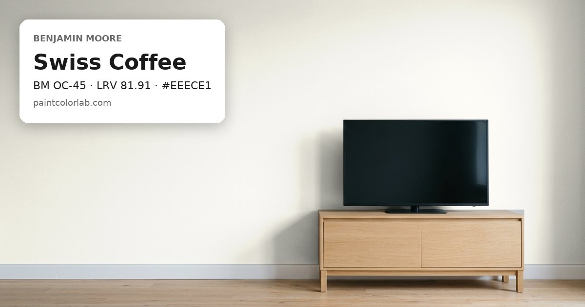 Living room with the wall painted Benjamin Moore Swiss Coffee (BM OC-45), hex #EEECE1, LRV 81.91