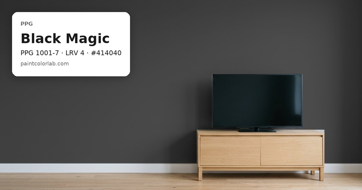 Living room with the wall painted PPG Black Magic (PPG 1001-7), hex #414040, LRV 4