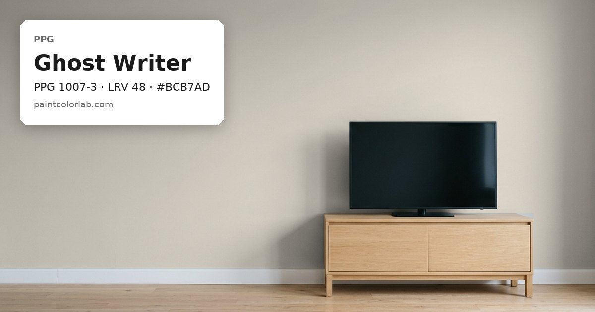 Living room with the wall painted PPG Ghost Writer (PPG 1007-3), hex #BCB7AD, LRV 48