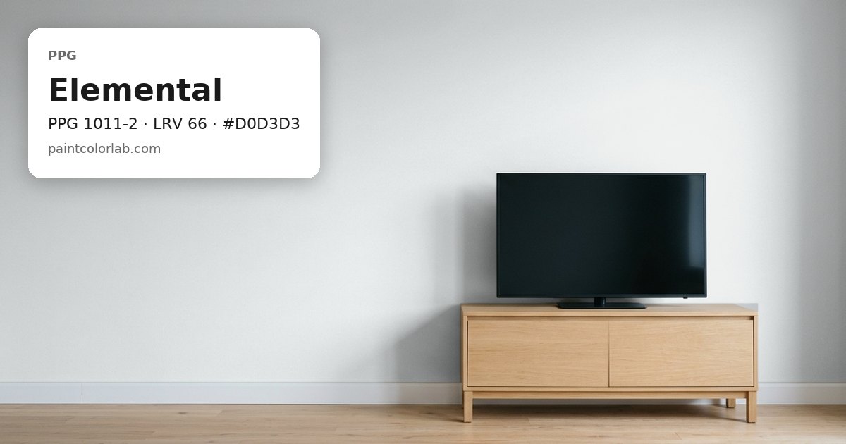 Living room with the wall painted PPG Elemental (PPG 1011-2), hex #D0D3D3, LRV 66