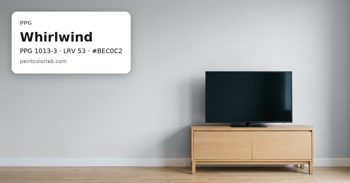 Living room with the wall painted PPG Whirlwind (PPG 1013-3), hex #BEC0C2, LRV 53