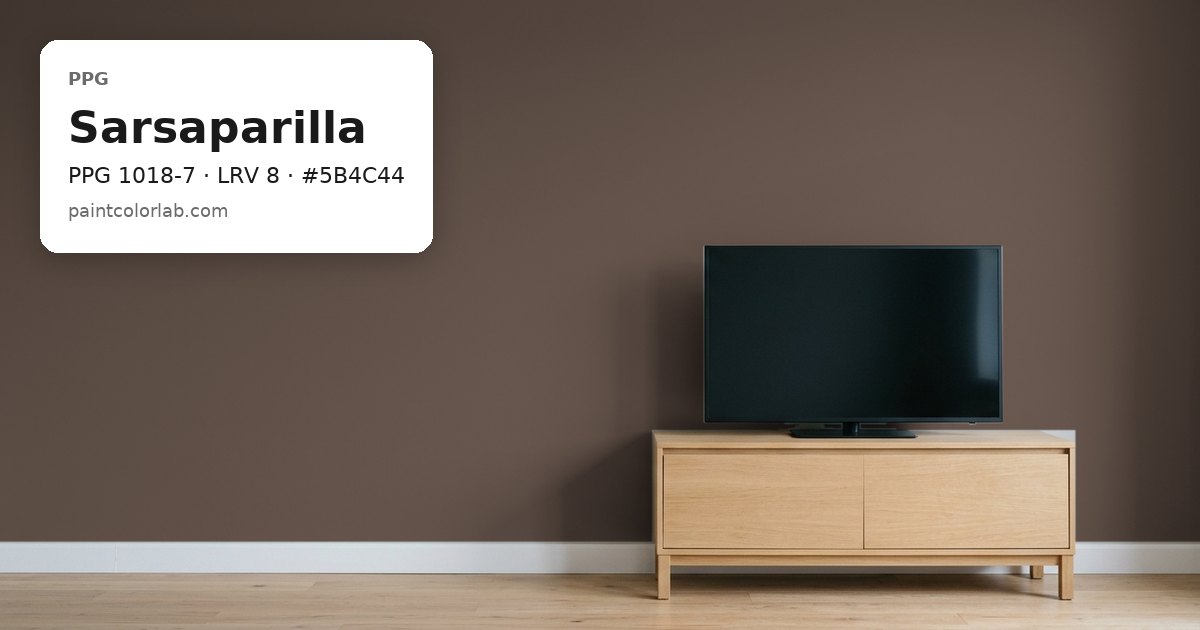 Living room with the wall painted PPG Sarsaparilla (PPG 1018-7), hex #5B4C44, LRV 8