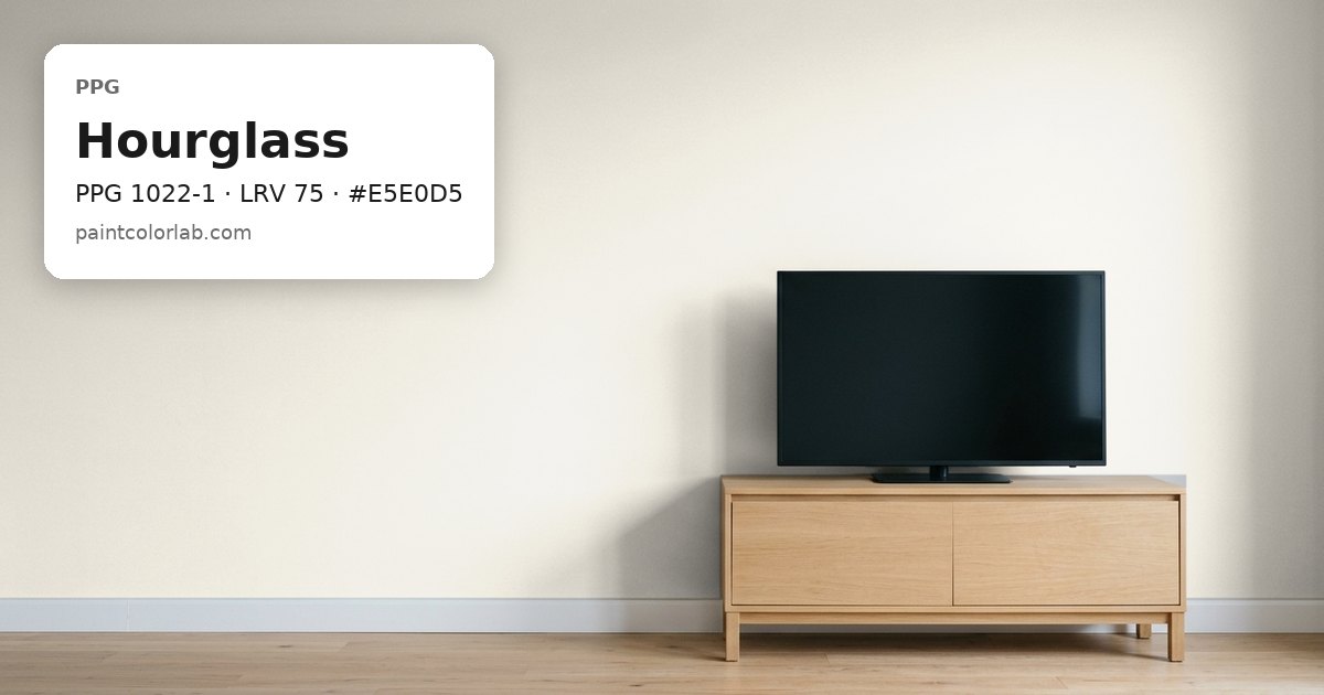 Living room with the wall painted PPG Hourglass (PPG 1022-1), hex #E5E0D5, LRV 75