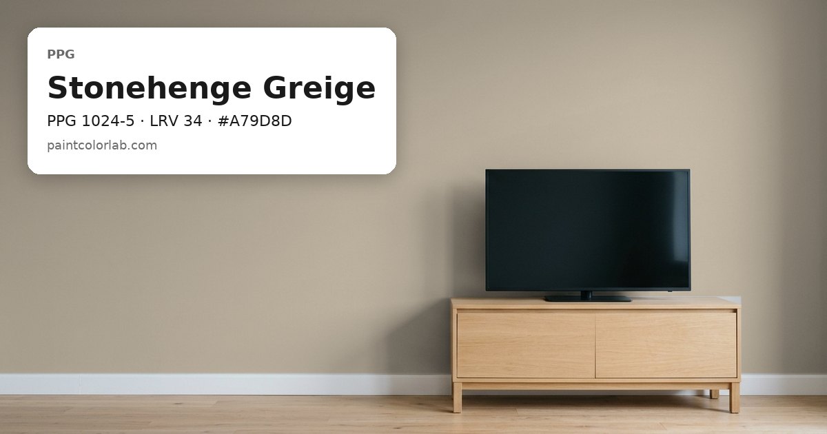 Living room with the wall painted PPG Stonehenge Greige (PPG 1024-5), hex #A79D8D, LRV 34