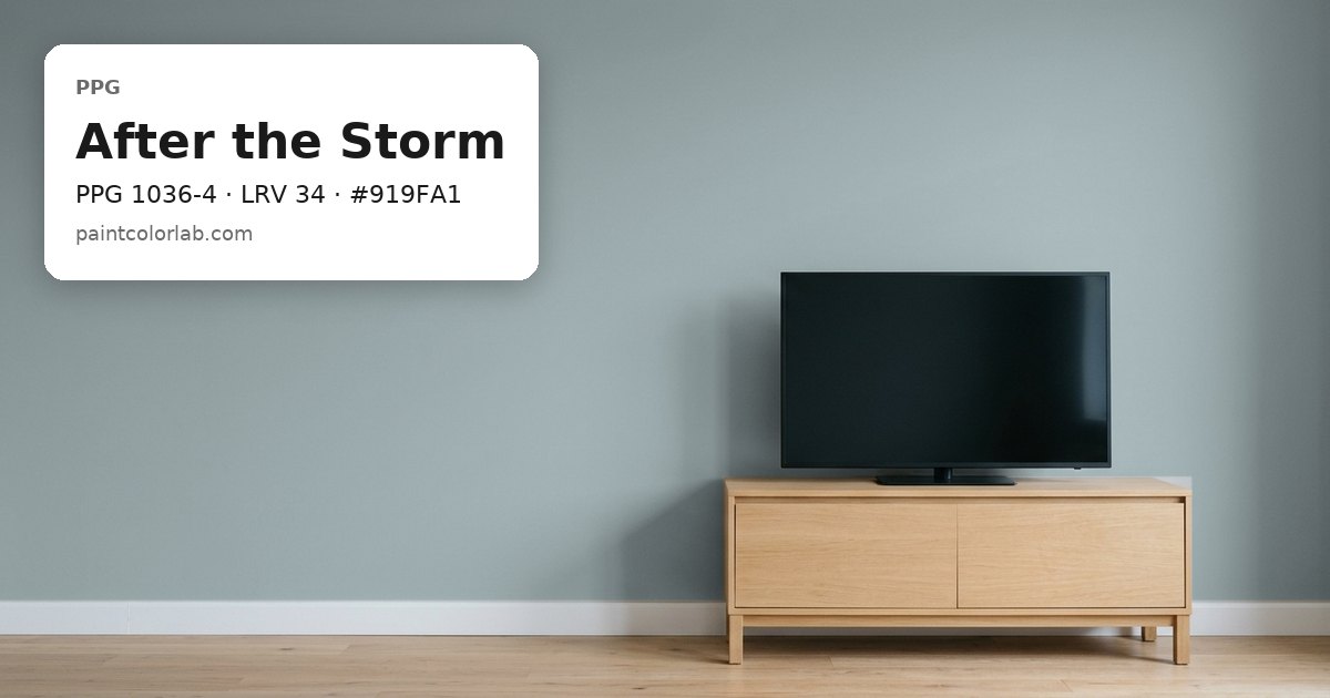 Living room with the wall painted PPG After the Storm (PPG 1036-4), hex #919FA1, LRV 34
