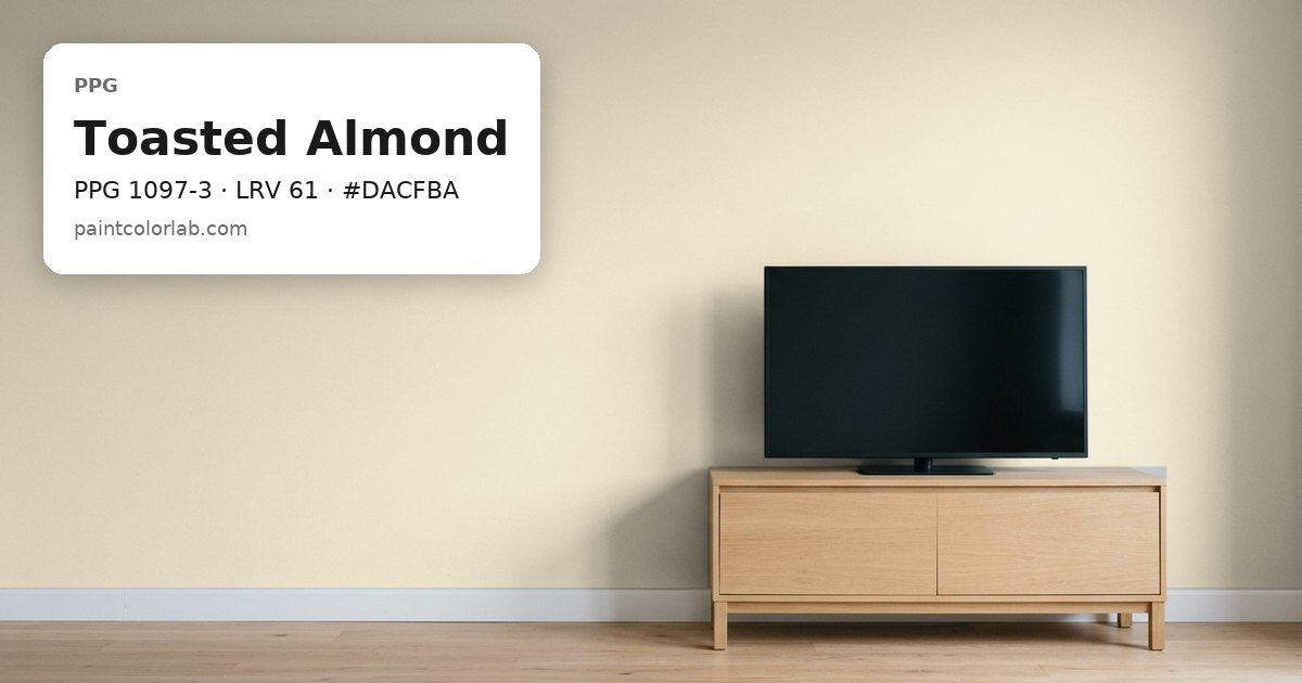 Living room with the wall painted PPG Toasted Almond (PPG 1097-3), hex #DACFBA, LRV 61