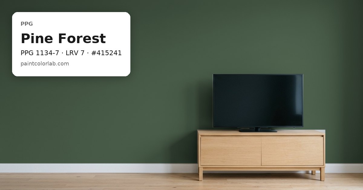 Living room with the wall painted PPG Pine Forest (PPG 1134-7), hex #415241, LRV 7