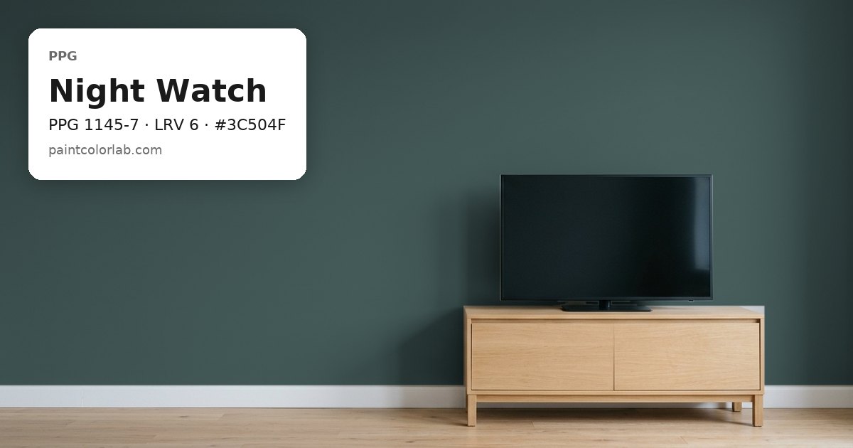 Living room with the wall painted PPG Night Watch (PPG 1145-7), hex #3C504F, LRV 6