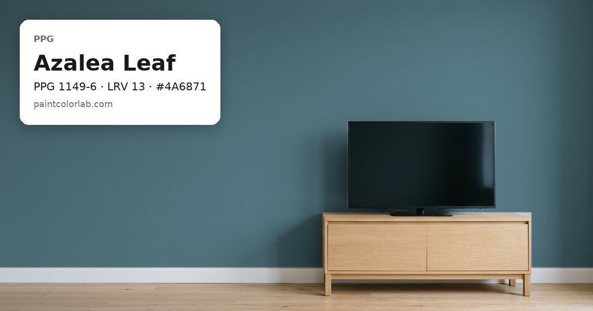 Living room with the wall painted PPG Azalea Leaf (PPG 1149-6), hex #4A6871, LRV 13