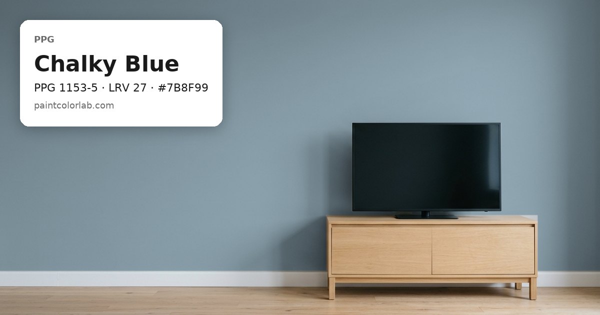 Living room with the wall painted PPG Chalky Blue (PPG 1153-5), hex #7B8F99, LRV 27