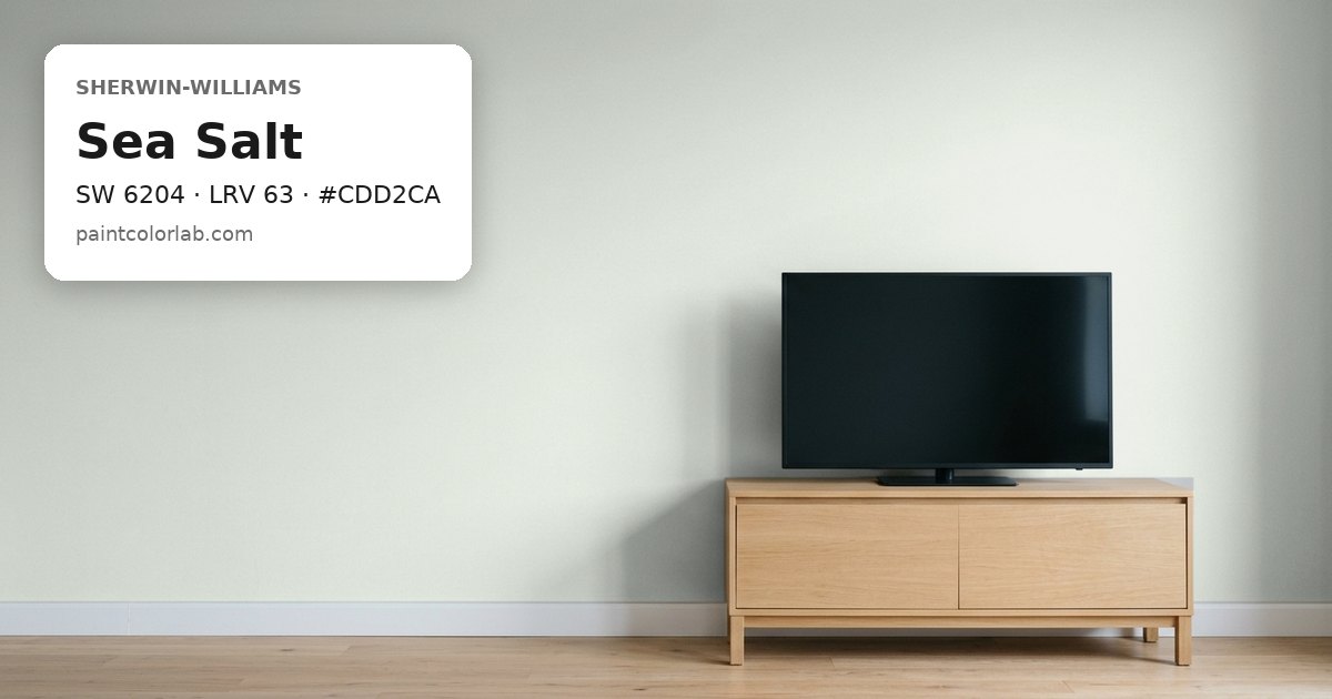 Living room with the wall painted Sherwin-Williams Sea Salt (SW 6204), hex #CDD2CA, LRV 63