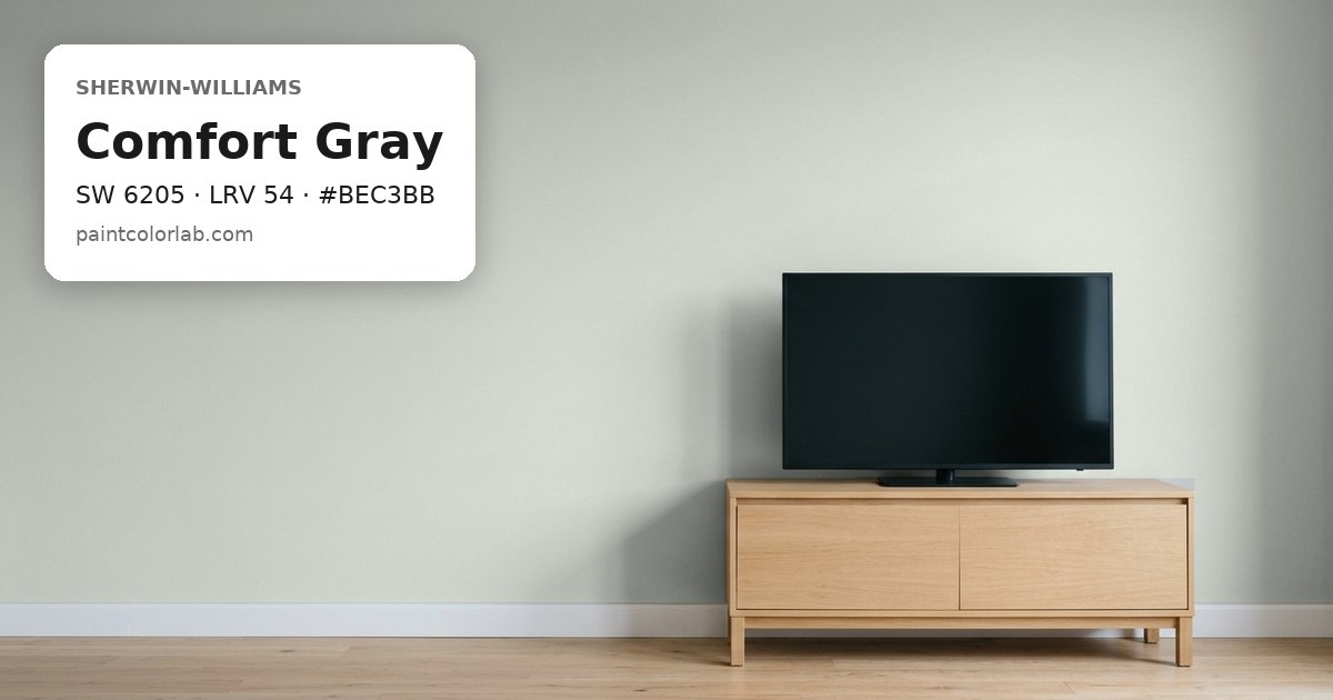 Living room with the wall painted Sherwin-Williams Comfort Gray (SW 6205), hex #BEC3BB, LRV 54