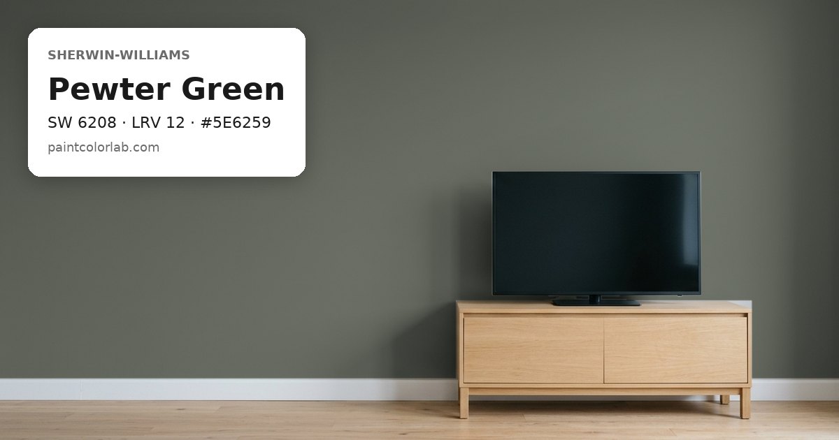 Living room with the wall painted Sherwin-Williams Pewter Green (SW 6208), hex #5E6259, LRV 12