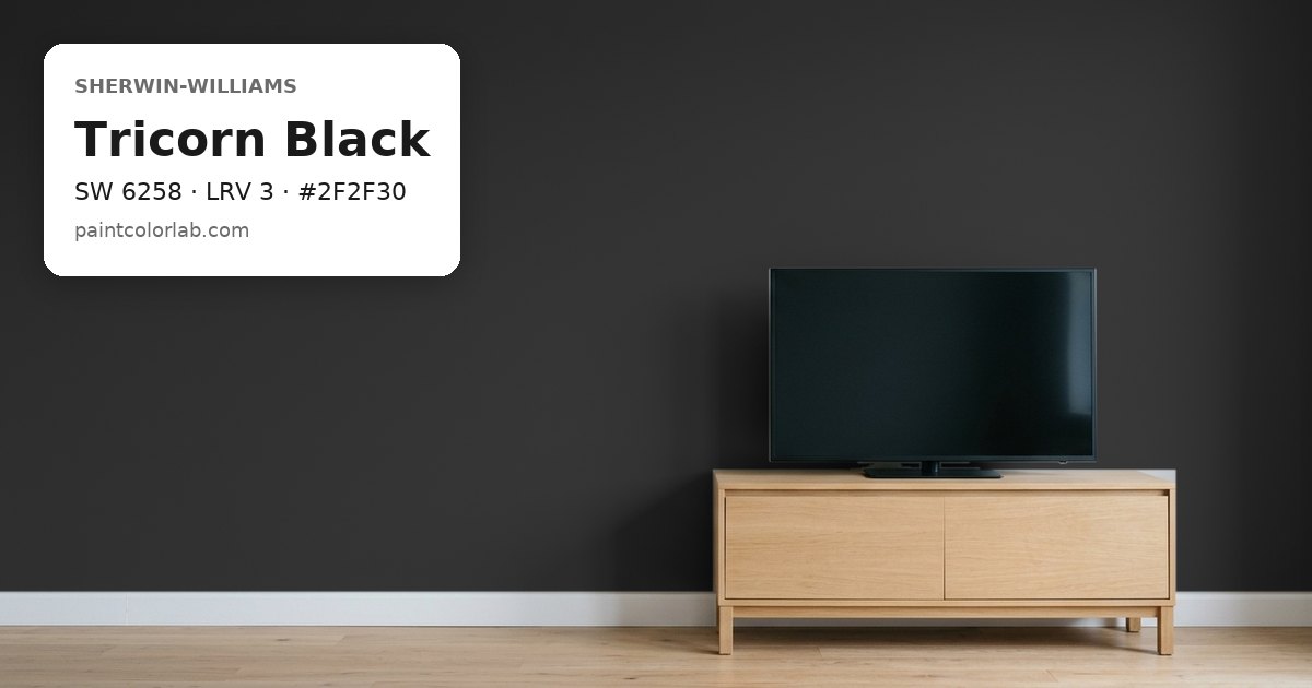 Living room with the wall painted Sherwin-Williams Tricorn Black (SW 6258), hex #2F2F30, LRV 3