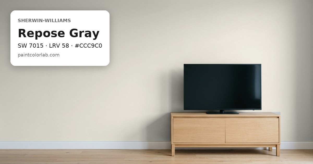 Living room with the wall painted Sherwin-Williams Repose Gray (SW 7015), hex #CCC9C0, LRV 58