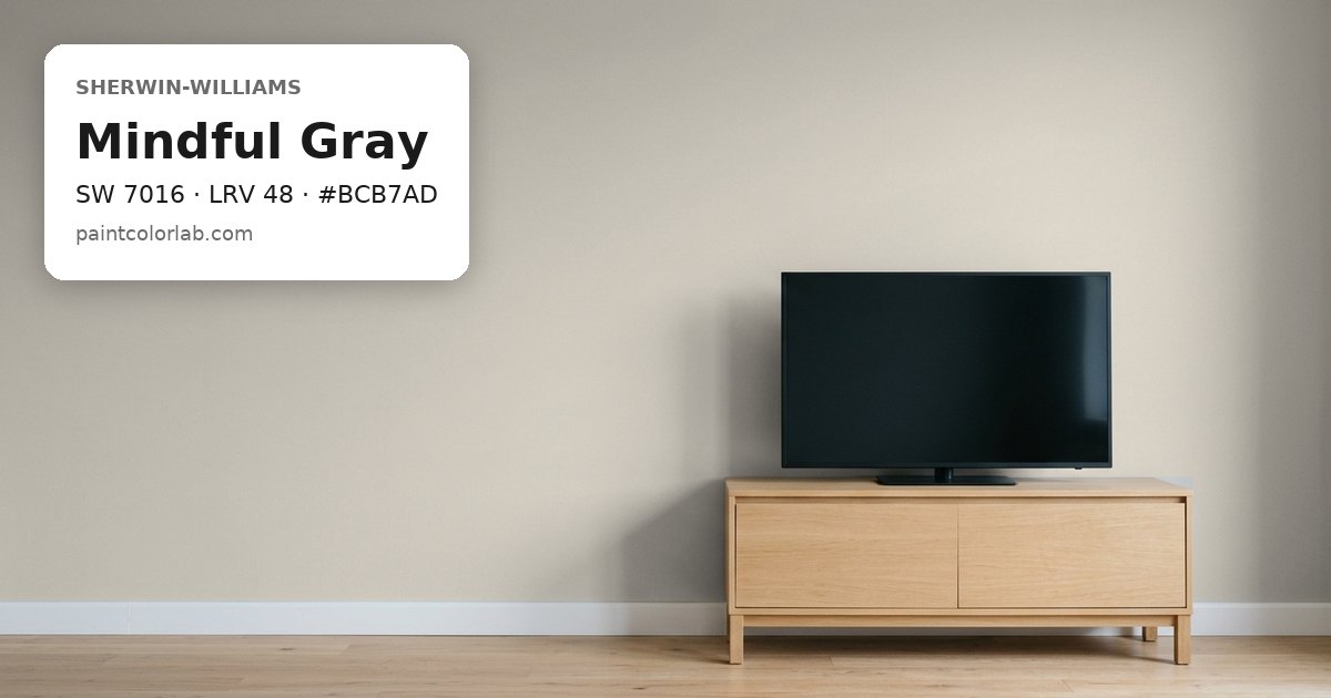 Living room with the wall painted Sherwin-Williams Mindful Gray (SW 7016), hex #BCB7AD, LRV 48
