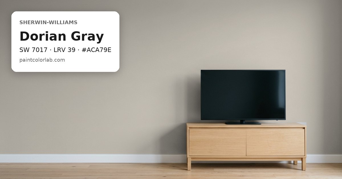 Living room with the wall painted Sherwin-Williams Dorian Gray (SW 7017), hex #ACA79E, LRV 39