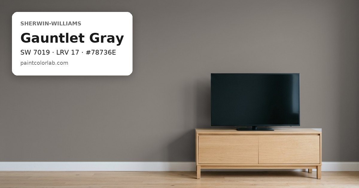 Living room with the wall painted Sherwin-Williams Gauntlet Gray (SW 7019), hex #78736E, LRV 17