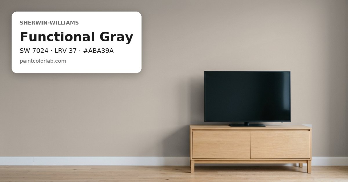 Living room with the wall painted Sherwin-Williams Functional Gray (SW 7024), hex #ABA39A, LRV 37