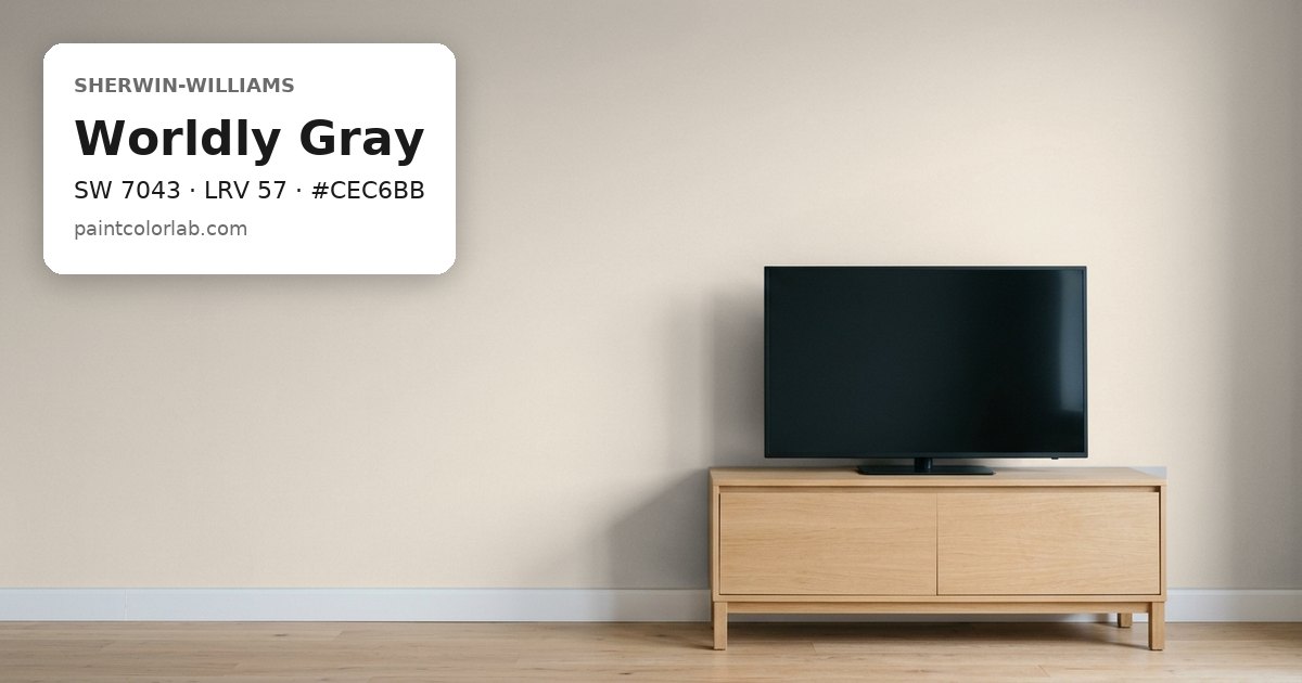 Living room with the wall painted Sherwin-Williams Worldly Gray (SW 7043), hex #CEC6BB, LRV 57
