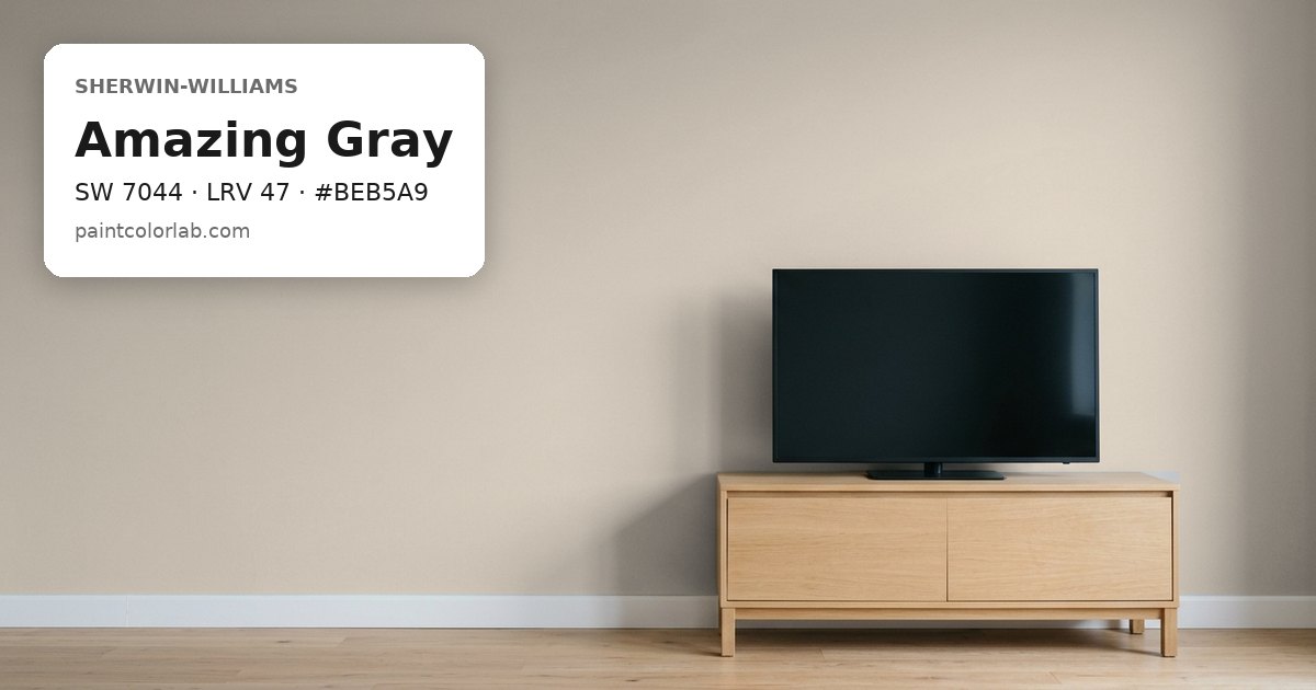 Living room with the wall painted Sherwin-Williams Amazing Gray (SW 7044), hex #BEB5A9, LRV 47