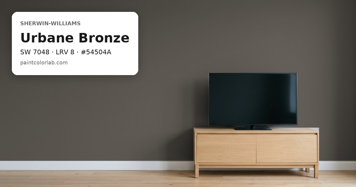 Living room with the wall painted Sherwin-Williams Urbane Bronze (SW 7048), hex #54504A, LRV 8