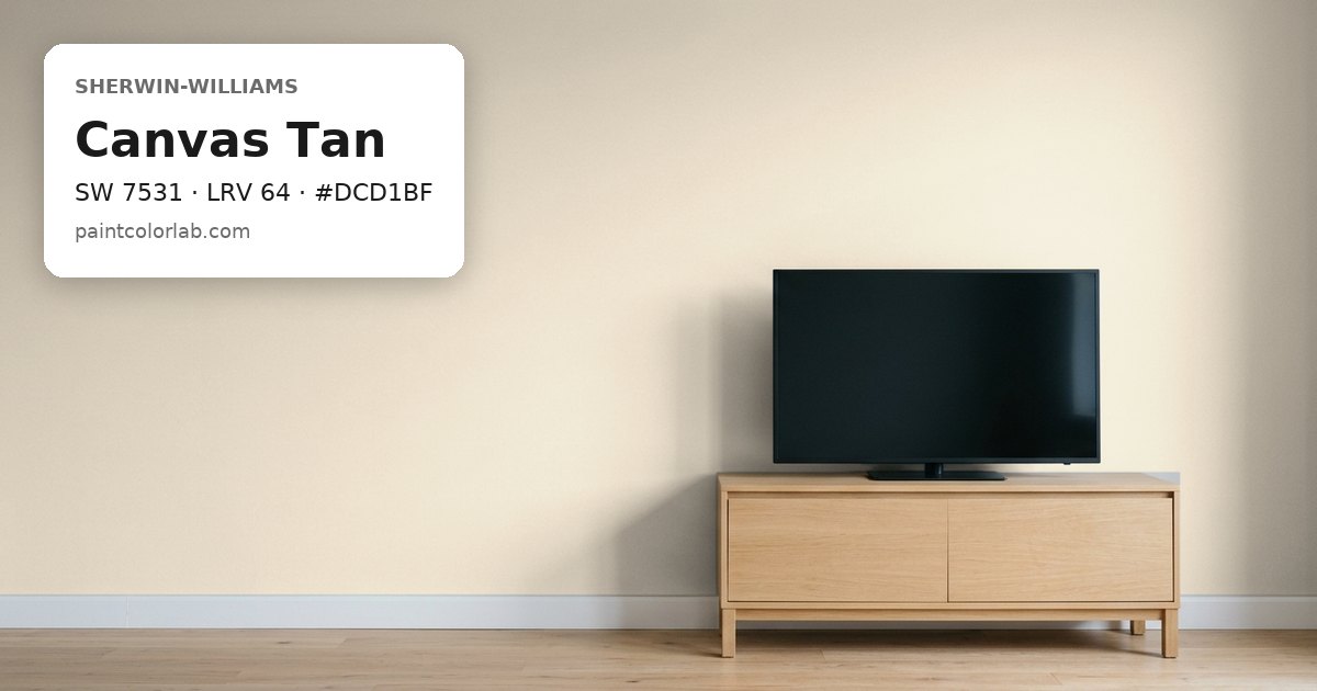 Living room with the wall painted Sherwin-Williams Canvas Tan (SW 7531), hex #DCD1BF, LRV 64