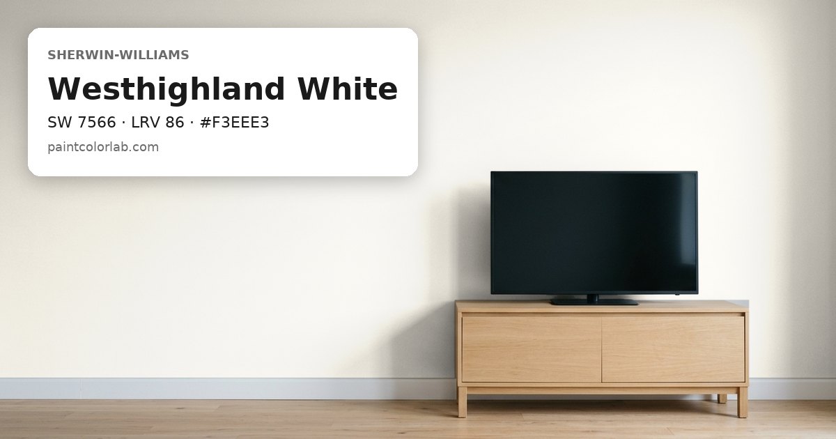 Living room with the wall painted Sherwin-Williams Westhighland White (SW 7566), hex #F3EEE3, LRV 86