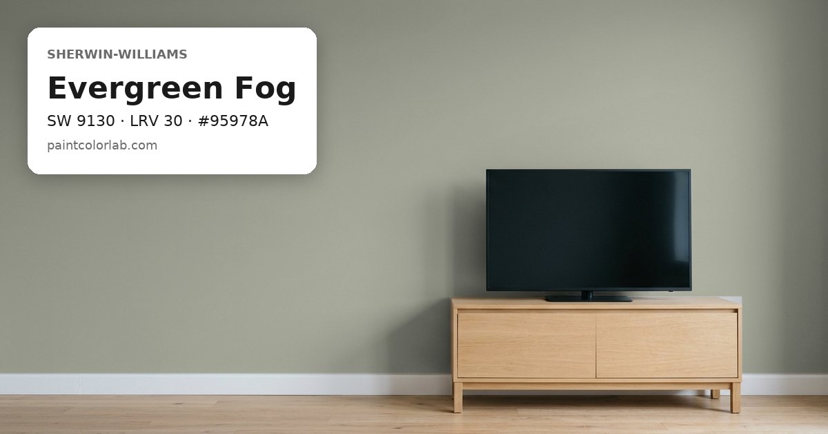 Living room with the wall painted Sherwin-Williams Evergreen Fog (SW 9130), hex #95978A, LRV 30