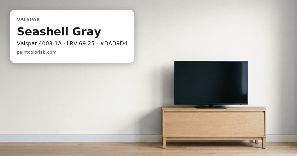 Living room with the wall painted Valspar Seashell Gray (Valspar 4003-1A), hex #DAD9D4, LRV 69.25