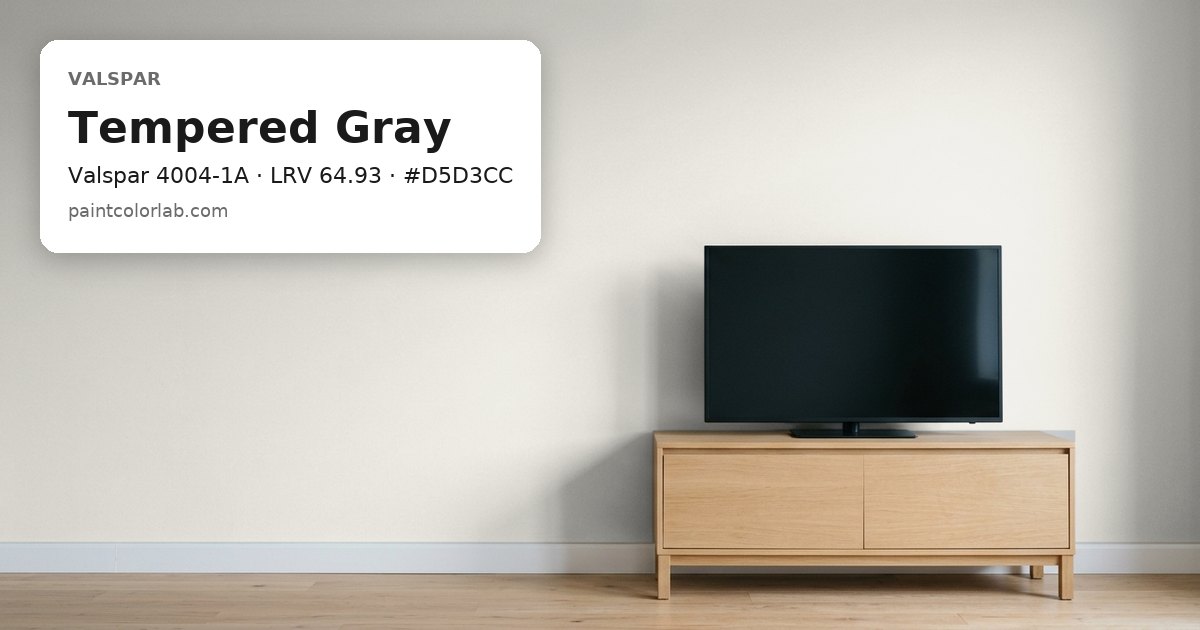 Living room with the wall painted Valspar Tempered Gray (Valspar 4004-1A), hex #D5D3CC, LRV 64.93