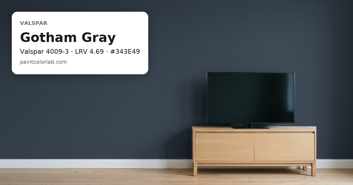 Living room with the wall painted Valspar Gotham Gray (Valspar 4009-3), hex #343E49, LRV 4.69