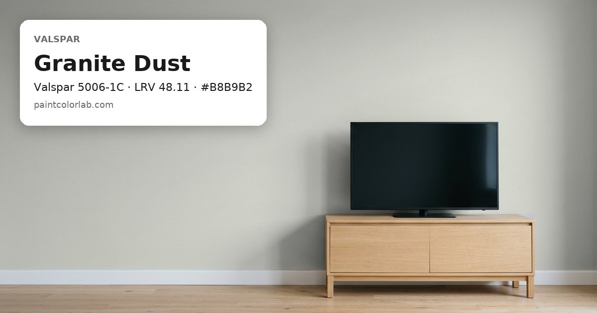 Living room with the wall painted Valspar Granite Dust (Valspar 5006-1C), hex #B8B9B2, LRV 48.11