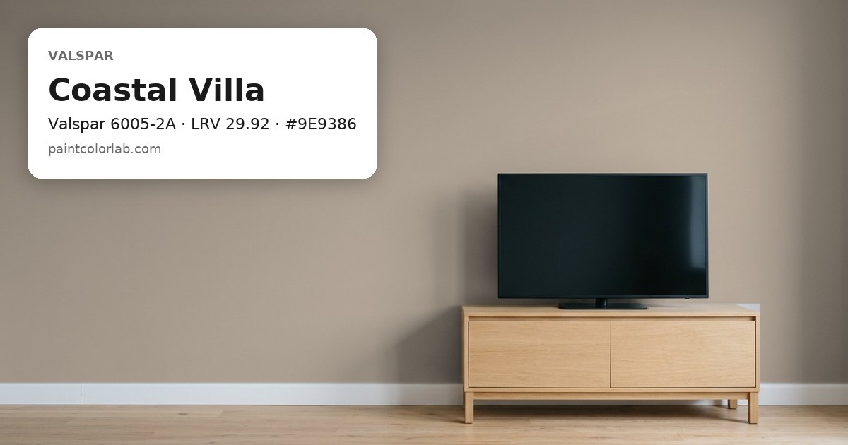 Living room with the wall painted Valspar Coastal Villa (Valspar 6005-2A), hex #9E9386, LRV 29.92